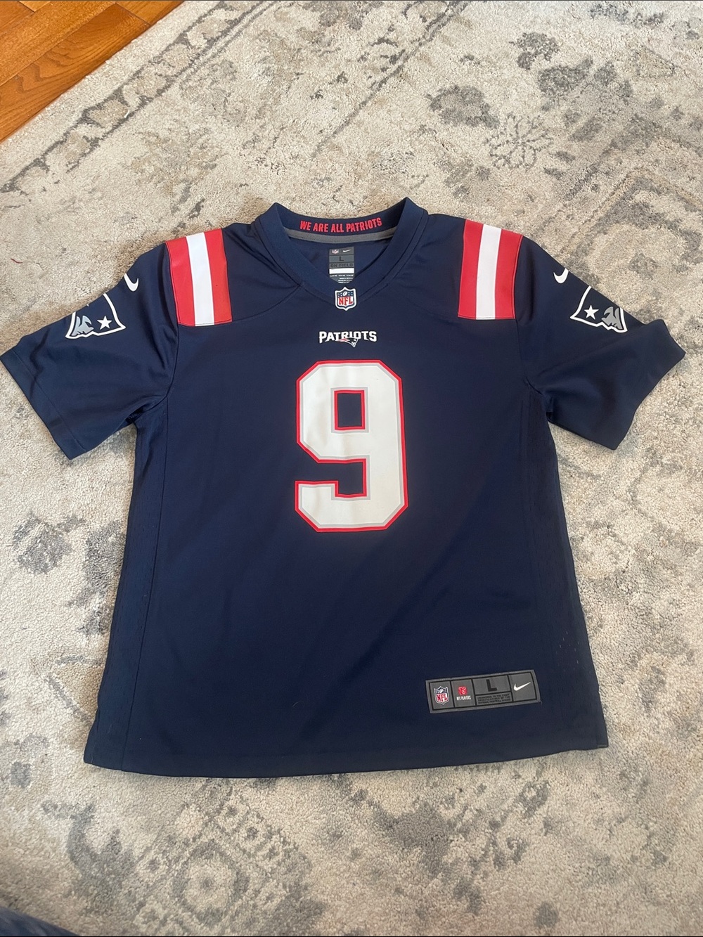 Nike Kids Patriots Navy Football Jersey #9 with Red & White Accents